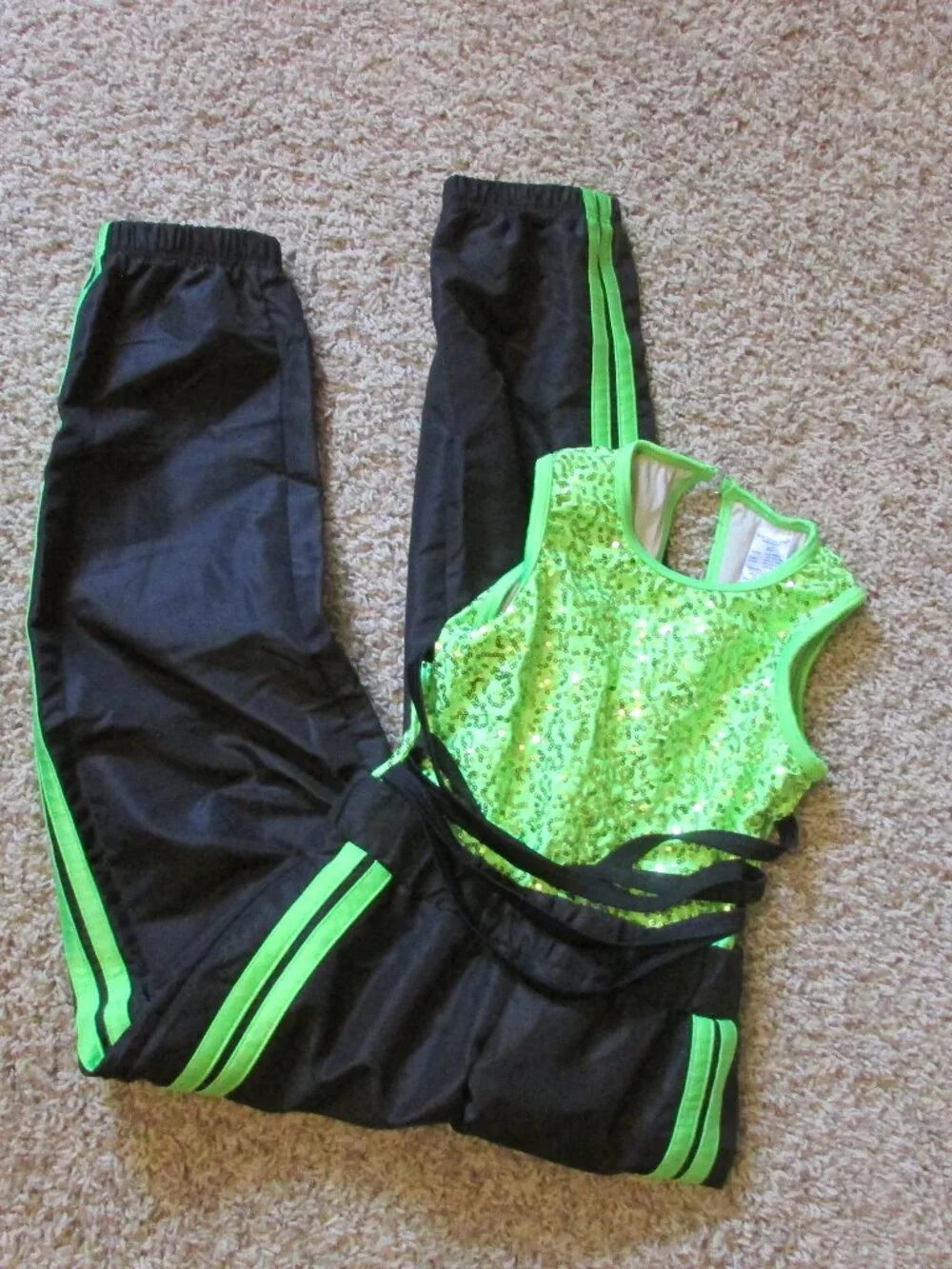 NWOT Weissman IC Black Bright Green Sequin Dance Jazz Outfit One Piece Jumpsuit
